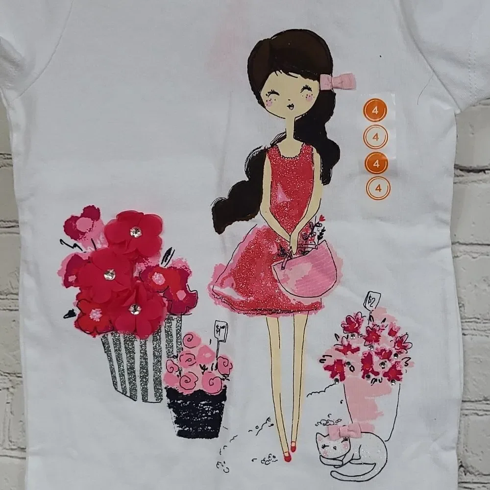 Gymboree Girls 4 White Glitter T-Shirt Top 3D Flowers Cat Rhinestone Sparkle NWT